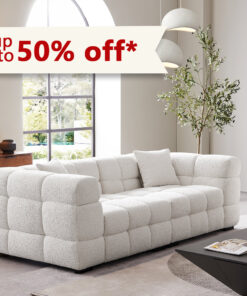 Cushy White Boucle Fabric Tufted Sofa – Ultra-Soft Cloud Sofa with Deep Seats and Textured Finish