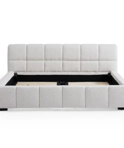 Cushy Boucle Fabric Bed – Contemporary Upholstered Platform Bed in Cream Bouclé with Padded Headboard